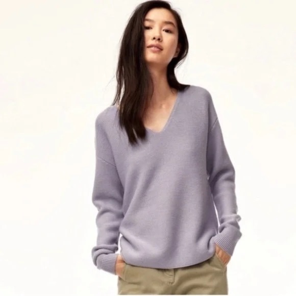 Aritzia Wilfred Free 100% Merino Wool Wolter Sweater Tuck Stitch Purple V Neck - Picture 1 of 8